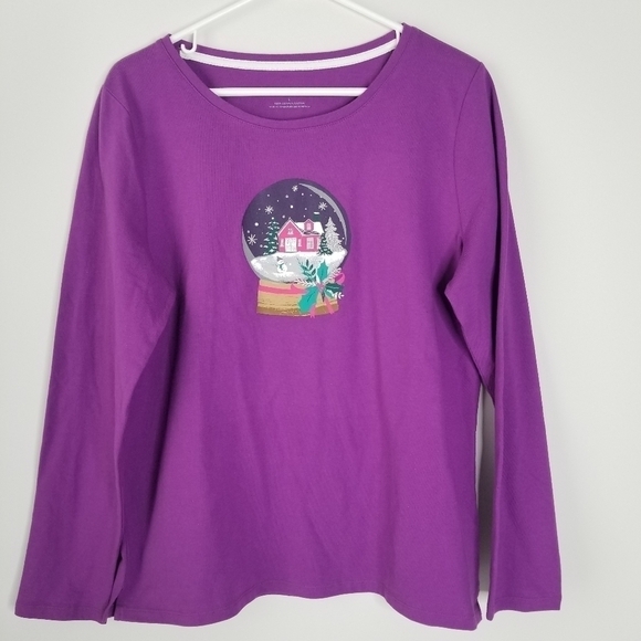 Talbots Purple Snow globe Festive Crewneck Long Sleeve Tee Size L - Picture 7 of 9